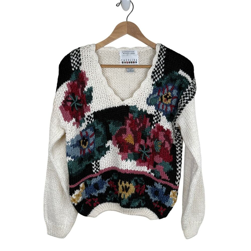 Vintage 1993 Carolina Colours Ramie Floral Sweater Jacquard S 90s Cottagecore